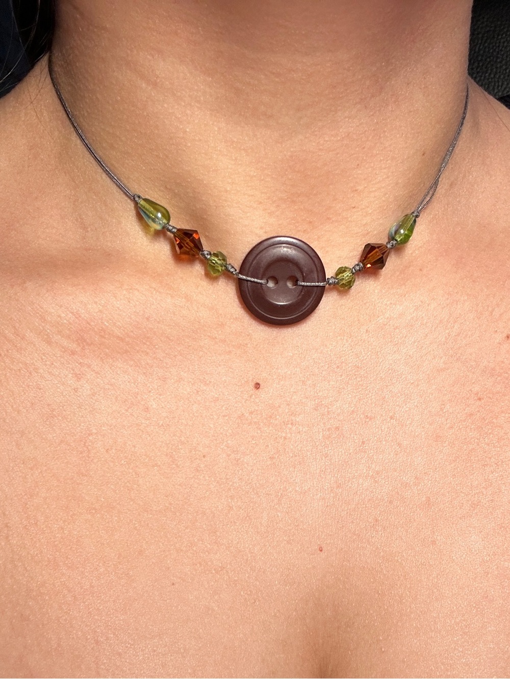 Hand Crafted Brown boho Button Choker with Green and Amber Beads necklace